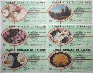 reverse: Miniassegni. Cassa Rurale di Caldes. 2 Serie complete da 6 pezzi da 100, 150, 200, 250, 300 e 350 Lire. Totale 12 pezzi. 