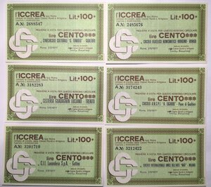 reverse: Miniassegni. ICCREA Istituto di Credito delle Casse Rurali e Artigiane Spa. Lotto di 12 pezzi diversi da 100 Lire. 
