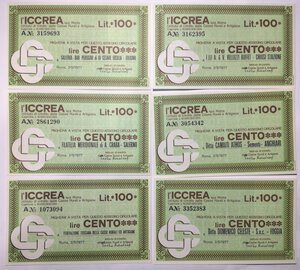 obverse: Miniassegni. ICCREA Istituto di Credito delle Casse Rurali e Artigiane Spa. Lotto di 12 pezzi diversi da 100 Lire. 