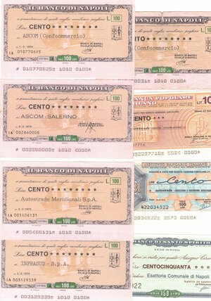 obverse: Miniassegni. Lotto di Miniassegni anni 70. 54 pezzi. Notati 5 pezzi del Banco di Napoli.