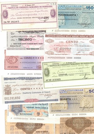 reverse: Miniassegni. Lotto di Miniassegni anni 70. 54 pezzi. Notati 5 pezzi del Banco di Napoli.