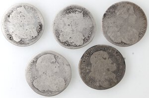 obverse: Napoli. Carlo II. 1674-1700. Lotto di 5 monete. Carlino 1688-1689-1690-1696-1699. Ag. 