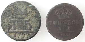 reverse: Napoli. Lotto di 2 monete. Ferdinando IV. 1759-1799. 5 tornesi 1797 e Ferdinando II 1830-1859. 2 Tornesi 1843. Ae. 