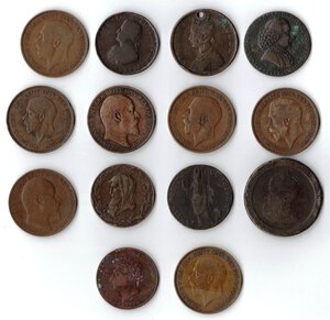 obverse: Gran Bretagna. Lotto di 14 monete in Rame. Penny, Token e Half Anna 1862. 