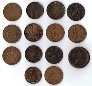 reverse: Gran Bretagna. Lotto di 14 monete in Rame. Penny, Token e Half Anna 1862. 
