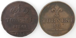 reverse: Napoli. Francesco I. 1825-1830. Francesco II. 1859-1861. Lotto di 2 monete. 10 tornesi 1825 e 10 Tornesi 1859. Ae. 