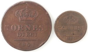 reverse: Napoli. Ferdinando II. 1830-1859. Lotto di due monete. 10 Tornesi 1851. 2 Tornesi 1857. Ae.
