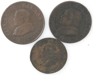 obverse: Roma. Pio IX. 1846-1878. Lotto di tre monete. 1 Soldo 1866. NC. 1 Soldo 1867. Mezzo Soldo 1866. Ae. 