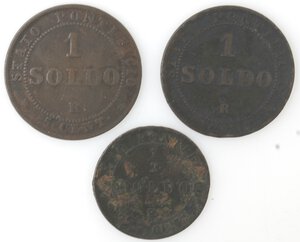 reverse: Roma. Pio IX. 1846-1878. Lotto di tre monete. 1 Soldo 1866. NC. 1 Soldo 1867. Mezzo Soldo 1866. Ae. 