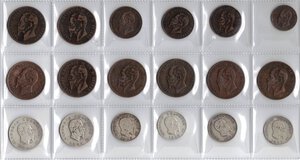 obverse: Vittorio Emanuele II. 1861-1878. Lotto di 18 monete. 2 monete da 2 Lire, 4 monete da 1 lira in Argento e 8 monete da 10 Centesimi, 3 monete da 5 Centesimi e 1 moneta da 2 Centesimi in Rame. Tutte date diverse. Dall MB al BB. 