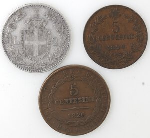 reverse: Casa Savoia. Lotto di 3 monete. 2 Lire 1887, 5 Centesimi 1896 e 5 Centesimi 1826. Ae-Ag. 