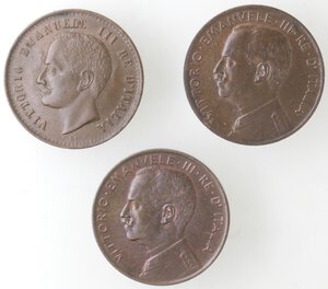obverse: Vittorio Emanuele III. 1900-1943. Lotto di 3 monete. 2 Centesimi Valore 1906, 2 Centesimi Italia su prora 1911 e 1915. Ae. 
