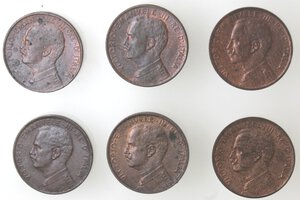 obverse: Vittorio Emanuele III. 1900-1943. Lotto di 6 monete. 1 Centesimo Italia su prora 1910, 1912, 1914, 1915, 1916 e 1917. Ae. Mediamente SPL.