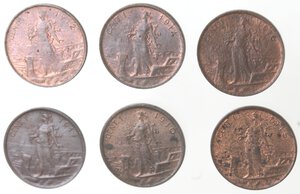 reverse: Vittorio Emanuele III. 1900-1943. Lotto di 6 monete. 1 Centesimo Italia su prora 1910, 1912, 1914, 1915, 1916 e 1917. Ae. Mediamente SPL.