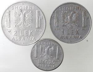 reverse: Vittorio Emanuele III. 1900-1943. Lotto di 3 monete. 2 lek 1939. 1 lek 1939 e 0,20 lek 1941. Ac. 