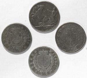 reverse: Casa Savoia. Lotto di 4 monete. Falsi d epoca. 2 Lire 1863 Stemma Napoli e Torino, 2 Lire 1899 e 10 Lire 1927. MB. 