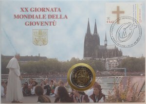 obverse: Vaticano. Roma. Benedetto XVI. 2005-2013. Joseph Aloisius Ratzinger. 2 Euro 2005 con francobollo commemorativi della XX° Giornata Mondiale della Gioventù. 
