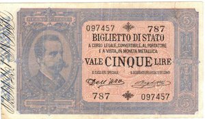obverse: Banconote. Regno D Italia. Umberto. 5 Lire Doppia Effige. D.M. 25 Ottobre 1892. 