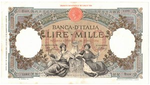 obverse: Banconote. Regno D Italia. Vittorio Emanuele III. 1.000 Lire Regine del Mare. (Fascio L Aquila). D.M.28 Novembre 1942. 