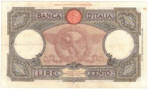 reverse: Banconote. Regno D Italia. Vittorio Emanuele III. 100 Lire Lupa Romana. D.M. 28 Agosto 1942. 