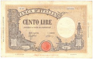 obverse: Banconote. Regno D Italia. Vittorio Emanuele III. 100 Lire Grande L. (BI) D.M. 23 Agosto 1943. 