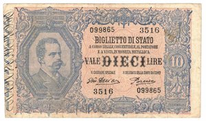 obverse: Banconote. Regno D Italia. Vittorio Emanuele III. 10 Lire Effigie di Umberto I. 