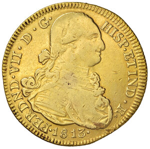 obverse: Colombia. Ferdinando VII (1808-1824). Da 8 escudos 1813 Popayan (sigle JF) AV gr. 26,80. Friedeberg 61. Tracce di montatura, altrimenti BB