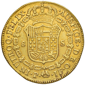 reverse: Colombia. Ferdinando VII (1808-1824). Da 8 escudos 1813 Popayan (sigle JF) AV gr. 26,80. Friedeberg 61. Tracce di montatura, altrimenti BB