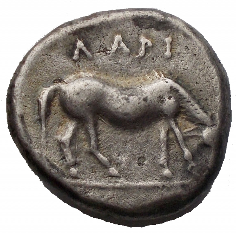 reverse: Ancient Greek coins THESSALIA, Larissa. Drachm. 400-380 BC A / Head of the nymph Larissa slightly to the right R / Horse grazing to the right, on the legend AAPI. Ar. 6.05g. VF +. Patina. Very rare