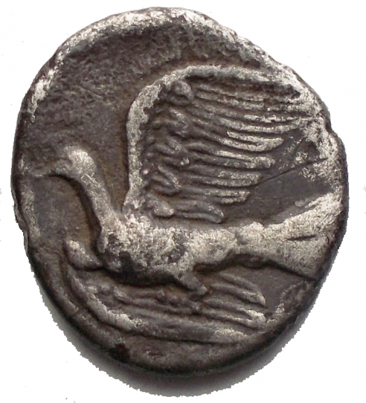 obverse: Greece, Sikyon (ca. 330-280 BC) Hemidrachm Obverse: Chimera going left with raised paw. Reverse: Dove flying left, on the left side I. Silver, diameter: 14.4 x 15.9 mm, weight 2.52 g.