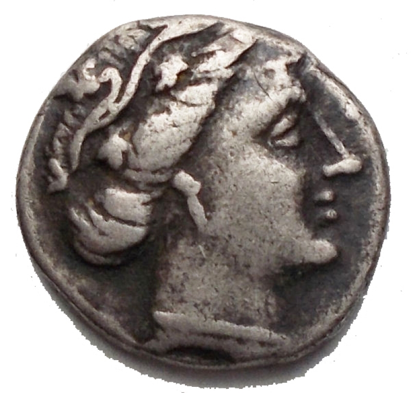 obverse: Euboia, Histiaia, 3rd-2nd centuries BC. AR Tetrobol (13,8mm. 2,25g). Wreathed head of the nymph Histiaia r. R/ Nymph seated r. on stern of galley; wing on side of ship; below, trident head l. and TI. BCD Euboia 382. Near EF