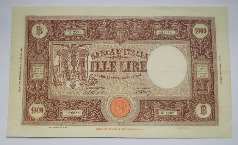 obverse: REPUBBLICA ITALIANA.1000 lire Grande M. Decr. 21/03/1947 Firme Einaudi / Urbini