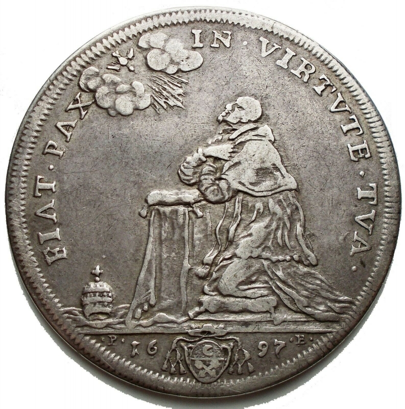obverse: Innocentius XII Mezza Piastra, Anno VI, 1697, Rome, Arms/pope prays on bended knees, 15,8 g. Ag. 39 mm, Muntoni 31