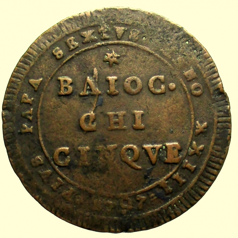 reverse: Zecche Italiane. Roma. Pio VI (1775-1799). 5 baiocchi o madonnina 1797. M. 94. Berm. 2987. 