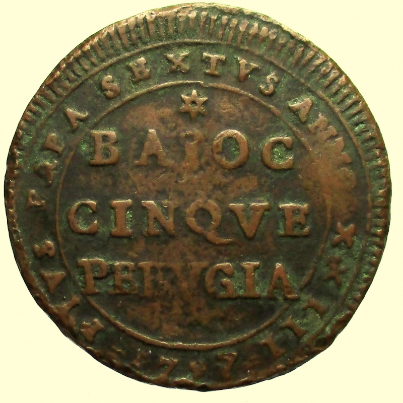 reverse: Zecche Italiane. Perugia. Pio VI (1775-1799). 5 baiocchi o madonnina 1797.