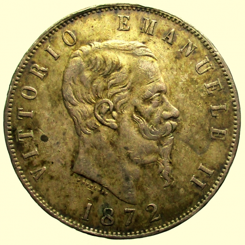 obverse:  Regno di Italia. Vittorio Emanuele II (1861-1878). 5 lire 1872 Milano. 