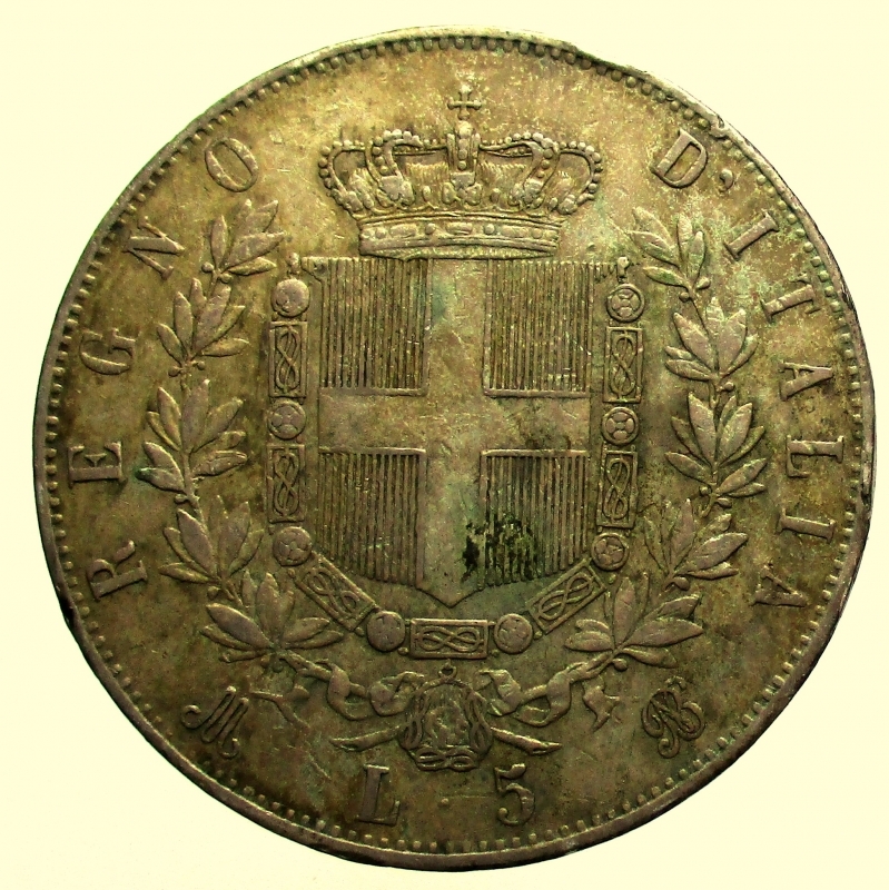 reverse:  Regno di Italia. Vittorio Emanuele II (1861-1878). 5 lire 1872 Milano. 