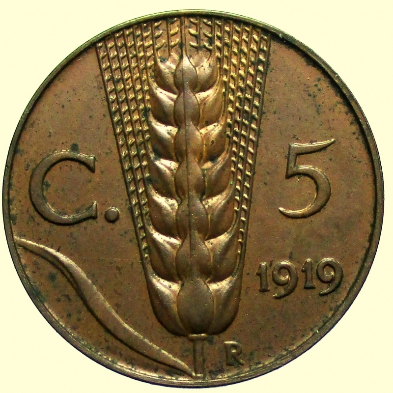 reverse: Vittorio Emanuele III (1900-1943). 5 Cent. 1919
