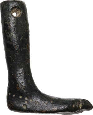 obverse: Bronze votive foot with suspension hole with engraved hairs.  Roman, 1st-3rd century AD.  51.5 x 39 mm. 55 g