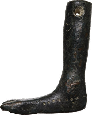 reverse: Bronze votive foot with suspension hole with engraved hairs.  Roman, 1st-3rd century AD.  51.5 x 39 mm. 55 g