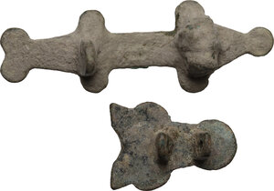 reverse: Two broochs with stylized animal patterns.  Roman, 2nd century BC - 2nd century AD   Bronze, 54 x 17 mm and 25 x 18 mm