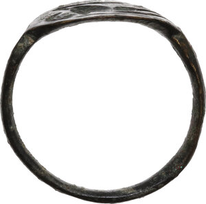 reverse: Bronze ring, the bezel engraved with Victory.  Roman, 4th-5th century AD.  22 mm. 2.13 g