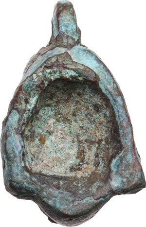 reverse: Bronze pendant with theater mask.  Roman, 1st-3rd century AD.  31 mm. 16.27 g