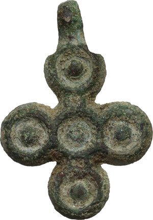 obverse: Bronze cross pendant.  Byzantine,  10th-13th century AD.  27 x 19 mm. 2.83 g