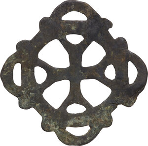reverse: Bronze cross open-work applique.  Byzantine, 5th-10th century AD.  12.3 x 12.3 cm