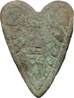 obverse: Bronze applique in the shape of heart.  Early Medieval.  26 x 20 mm