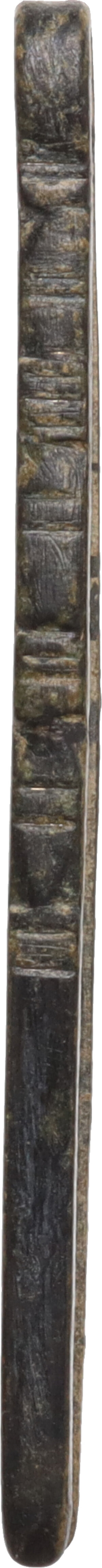 obverse: Bronze tweezers with geometric decorations along the legth of the arms.  Roman, 1st-3rd century AD  Length 63 mm. 4.03 g