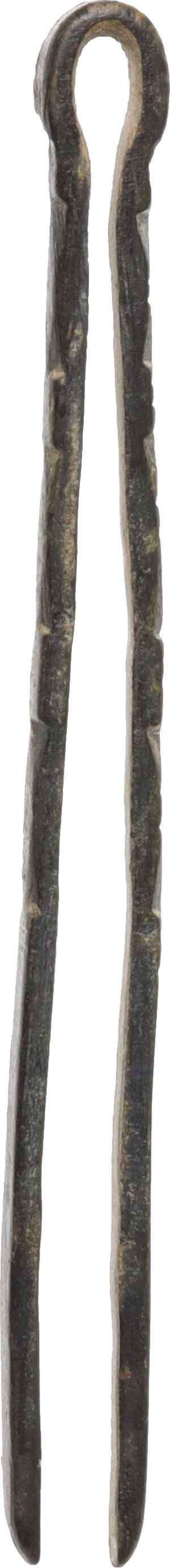 reverse: Bronze tweezers with geometric decorations along the legth of the arms.  Roman, 1st-3rd century AD  Length 63 mm. 4.03 g