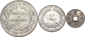 reverse: French Indochina. Lot of three (3) coins: piastre de commerce 1926, 50 cent 1936 and sapeque 1901 A
