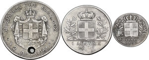 reverse: Greece. Lot of three (3) coins: 2 drachmai 1883, drachm 1832 and 1/4 drachm 1833